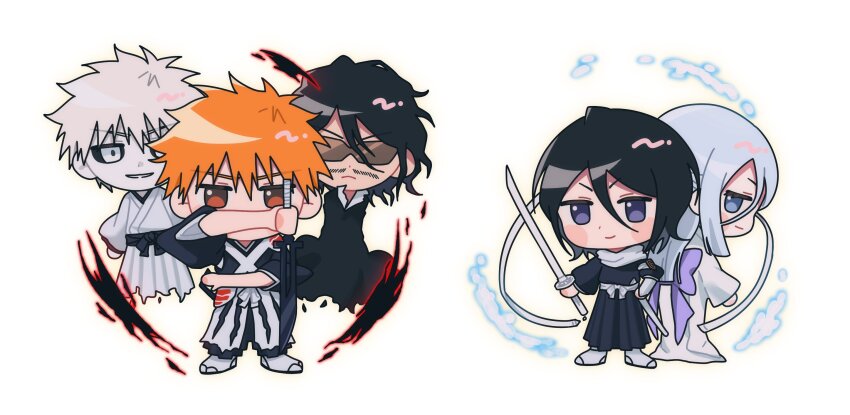 &gt;:) 2girls 3boys armor back_bow black_hair black_hakama black_kimono black_sclera bleach bleach:_sennen_kessen-hen bleach:_zanpakutou_ibun_hen blue_eyes blush_stickers bow brown_eyes chibi chibi_only closed_mouth colored_sclera commentary double-parted_bangs dual_wielding facial_hair floating full_body gwao_(_ul_13) hair_between_eyes hakama hand_on_own_hip highres holding holding_sword holding_weapon hollow_ichigo japanese_clothes katana kimono korean_commentary kuchiki_rukia kurosaki_ichigo long_hair long_sleeves looking_at_viewer medium_hair multiple_boys multiple_girls orange_hair parted_lips purple_bow purple_eyes scarf shikai short_hair shoulder_armor simple_background smile sode_no_shirayuki sode_no_shirayuki_(shikai) spiked_hair standing stubble sunglasses sword true_zangetsu_(shikai) v-shaped_eyebrows weapon white_background white_eyes white_hair white_kimono white_scarf wide_sleeves zangetsu_(bleach)