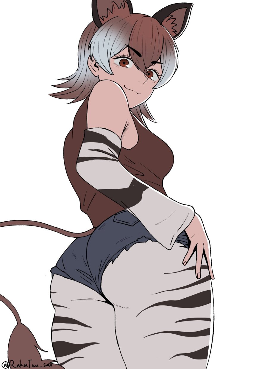 1girl :3 absurdres ass ass_focus bare_shoulders breasts brown_eyes brown_hair brown_shirt commentary cowboy_shot crop_top denim denim_shorts detached_sleeves extra_ears grey_background hair_between_eyes highres huge_ass kemono_friends looking_at_viewer looking_back midriff navel okapi_(kemono_friends) okapi_ears okapi_print okapi_tail pantyhose print_pantyhose print_sleeves raku_tuu shirt short_hair short_shorts shorts sidelocks simple_background smile solo tail white_hair