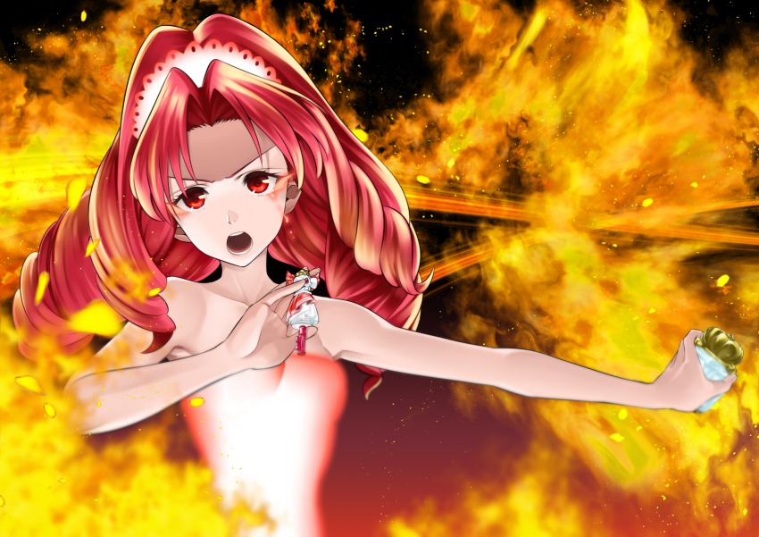 1girl :o akagi_towa bad_id bad_pixiv_id dress-up_key female_focus fiery_background fire go!_princess_precure gradient_background hairband henshin highres nagashii_kouhei parted_bangs precure red_eyes red_hair serious short_hair solo transformation