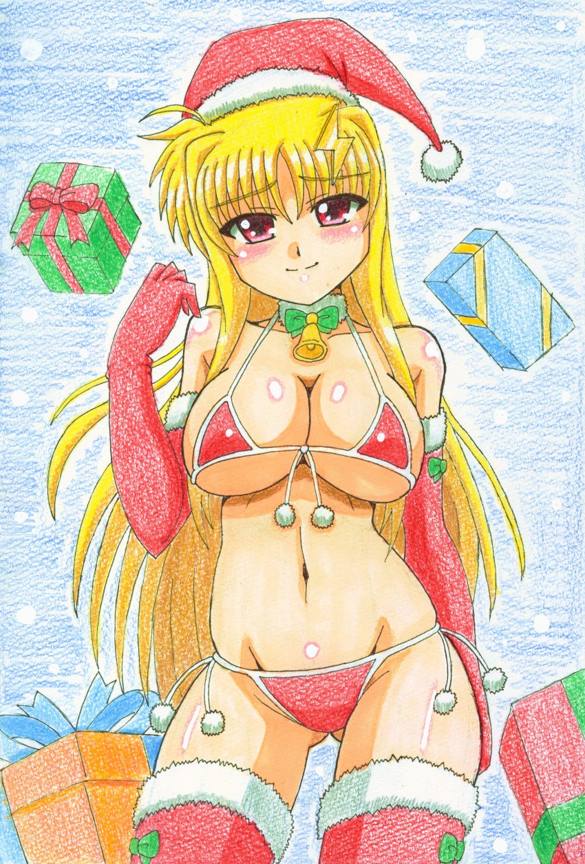 1girl absurdres bell bikini blonde_hair blue_background blush breasts christmas christmas_present cleavage closed_mouth collar fate_testarossa gh9000 gift groin hat highres large_breasts long_hair lyrical_nanoha mahou_shoujo_lyrical_nanoha_strikers micro_bikini navel neck_bell red_bikini red_eyes red_thighhighs santa_costume santa_hat simple_background smile snowing solo standing swimsuit thighhighs