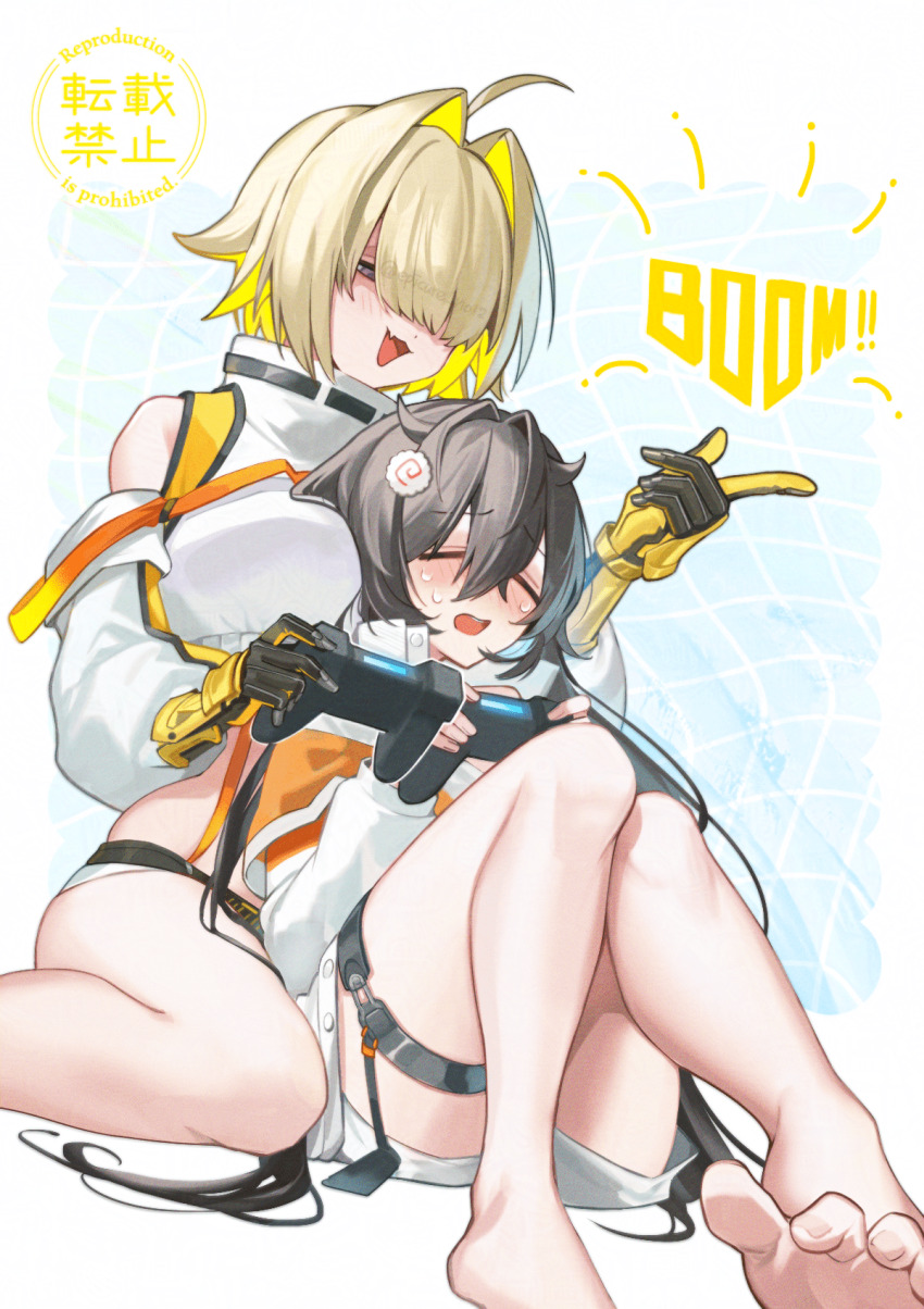 2girls ahoge black_gloves blonde_hair breasts brown_hair closed_eyes clothing_cutout controller crop_top cropped_sweater elegg_(nikke) food game_controller geta_(epicure_no12) gloves goddess_of_victory:_nikke grey_shorts hair_intakes hair_ornament hair_over_eyes highres holding holding_controller holding_game_controller jacket kamaboko kneeling large_breasts long_bangs long_hair long_sleeves micro_shorts multicolored_clothes multicolored_gloves multicolored_hair multicolored_jacket multiple_girls narutomaki navel orange_jacket purple_eyes shirt short_hair shorts shoulder_cutout sitting small_breasts suspender_shorts suspenders thigh_strap thighs trony_(nikke) two-tone_hair two-tone_jacket white_jacket white_shirt white_shorts yellow_gloves