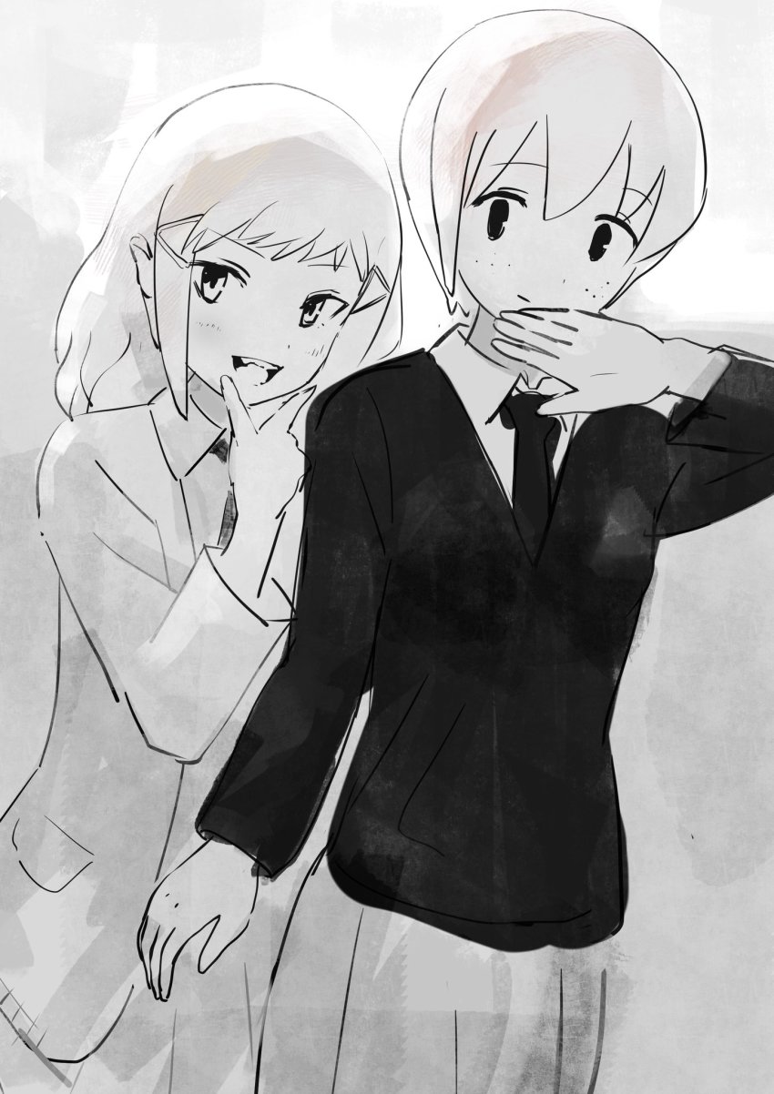 2girls ;) blazer freckles highres jacket kakitani_jirou marker_(medium) minami_koharu monochrome multiple_girls necktie one_eye_closed short_hair smile tanaka_mako traditional_media watashi_ga_motenai_no_wa_dou_kangaetemo_omaera_ga_warui!