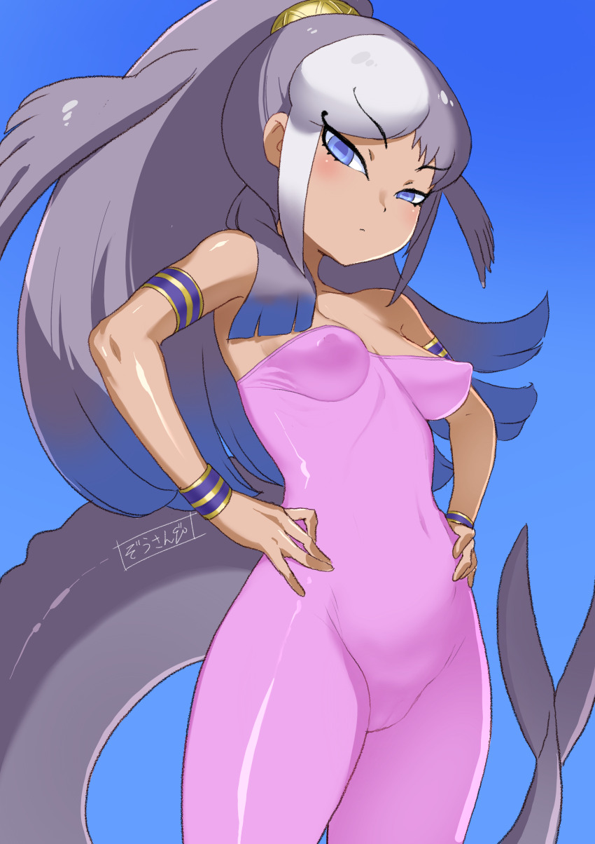 1girl absurdres armlet bare_shoulders basilosaurus_isis_(kemono_friends) blue_eyes blue_hair bracelet breasts cameltoe cetacean_tail closed_mouth covered_erect_nipples covered_navel fins fish_tail grey_hair hands_on_own_hips high_ponytail highres jewelry kemono_friends kemono_friends_3 long_hair looking_at_viewer masuyama_ryou medium_breasts multicolored_hair pink_unitard ponytail shiny_skin solo strapless tail tan unitard very_long_hair white_hair