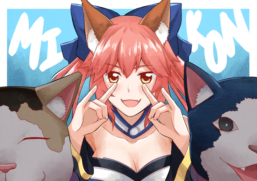 021_shiro 1girl animal_ear_fluff animal_ears black_eyes blue_background blue_bow bow breasts cat cat_ears cleavage closed_eyes collar commentary_request double_fox_shadow_puppet fang fate/extra fate/grand_order fate_(series) fox_shadow_puppet hair_between_eyes hair_bow highres light_blush looking_at_viewer open_mouth pink_hair sidelocks skin_fang smile solo split_ponytail tamamo_(fate) tamamo_no_mae_(fate/extra) tongue upper_body wide_sleeves yellow_eyes