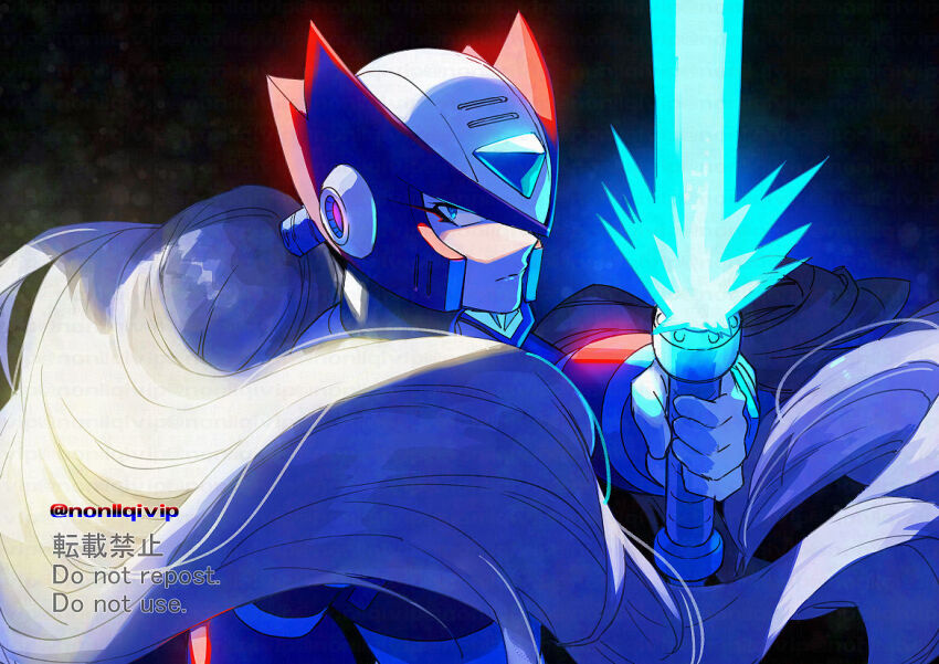 1boy android blonde_hair energy_sword forehead_jewel helmet holding holding_sword holding_weapon long_hair male_focus mega_man_(series) mega_man_x_(series) red_helmet solo sword twitter_username upper_body watermark weapon yamanashi_taiki z_saber zero_(mega_man)