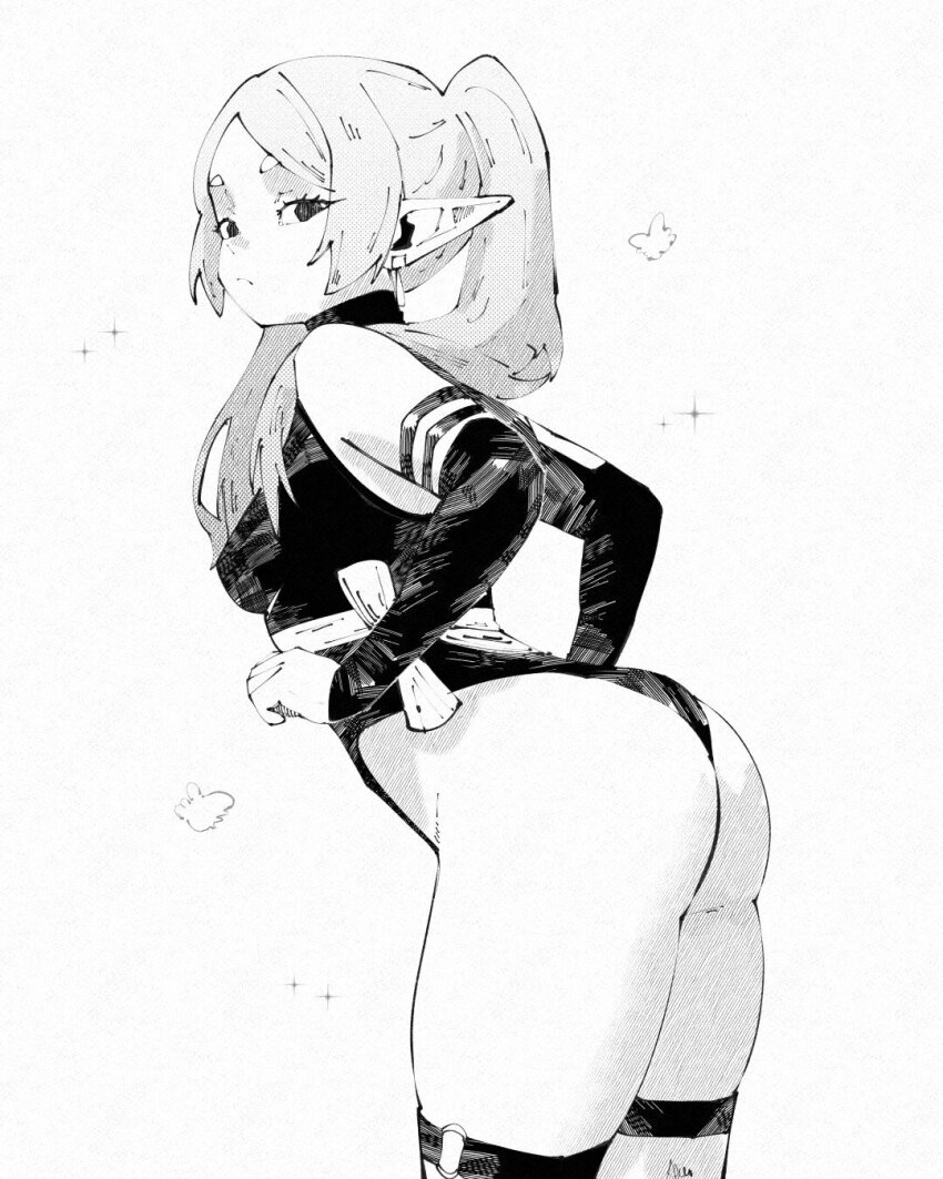 1girl ass ass_focus bare_shoulders black_collar black_gloves breasts collar cosplay earrings elbow_gloves elf eyebrows eyelashes floating_earring frieren frown gloves greyscale halter_leotard halterneck heattech_leotard highleg highleg_leotard highres jewelry leotard long_hair looking_at_viewer looking_back looking_to_the_side marvel marvel_rivals medium_breasts miregeist monochrome parted_bangs pointy_ears psylocke psylocke_(cosplay) simple_background sleeveless_turtleneck_leotard solo sousou_no_frieren sparkle teardrop_earrings thick_eyebrows thick_thighs thigh_strap thighs thong_leotard turtleneck twintails white_background white_hair