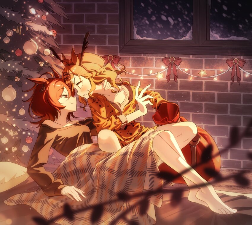 2girls agnes_tachyon_(umamusume) animal_ears bag bare_shoulders blanket blush breasts brick_wall christmas christmas_ornaments christmas_tree closed_mouth collarbone elosia face-to-face flustered hair_ornament hair_up hairclip half_up_braid hand_on_another&#039;s_neck highres holding holding_bag horse_ears horse_girl indoors jungle_pocket_(umamusume) large_breasts long_sleeves multiple_girls off-shoulder_shirt off_shoulder on_floor parted_lips paw_print red_eyes red_shirt shirt sitting smile snow snowing sweatdrop umamusume under_covers window wooden_floor yellow_eyes yellow_shirt yuri