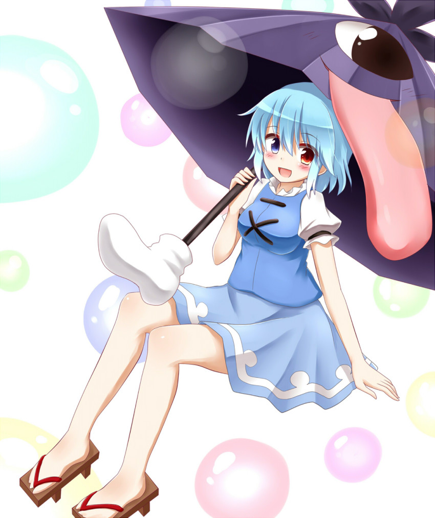 1girl :d blue_hair female_focus geta hachimi heterochromia highres holding karakasa_obake looking_at_viewer oil-paper_umbrella open_mouth short_hair smile solo tatara_kogasa tongue tongue_out touhou umbrella