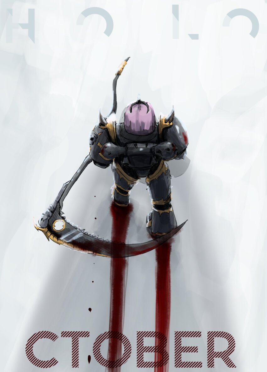 1girl absurdres armor black_tiara blood blood_trail bloody_weapon chaos_(warhammer) from_above highres holding holding_scythe hololive hololive_english kefah_litaty mori_calliope pink_hair power_armor scythe shoulder_spikes skull spikes tiara virtual_youtuber warhammer_40k weapon