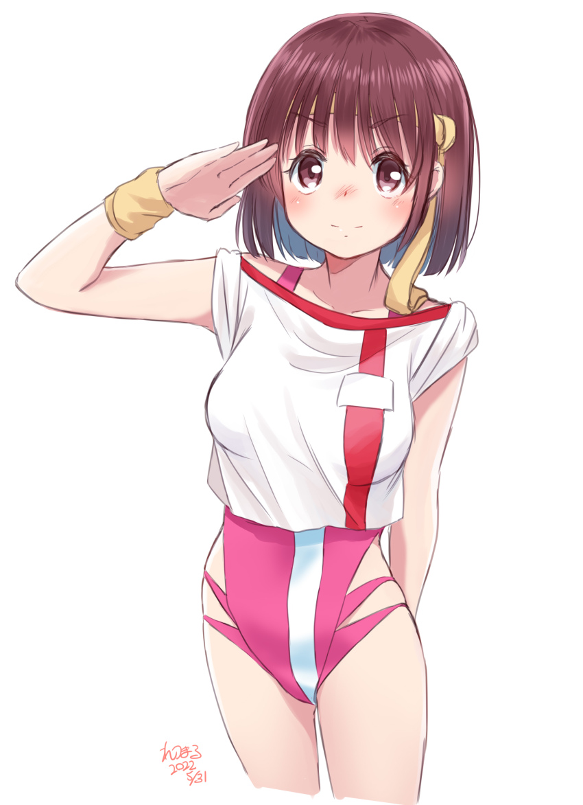 1girl absurdres brown_eyes brown_hair character_request cosplay cowboy_shot headband highres leotard pink_leotard retsumaru salute short_hair simple_background solo takaya_noriko takaya_noriko_(cosplay) top_wo_nerae! top_wo_nerae!_(series) white_background yellow_headband