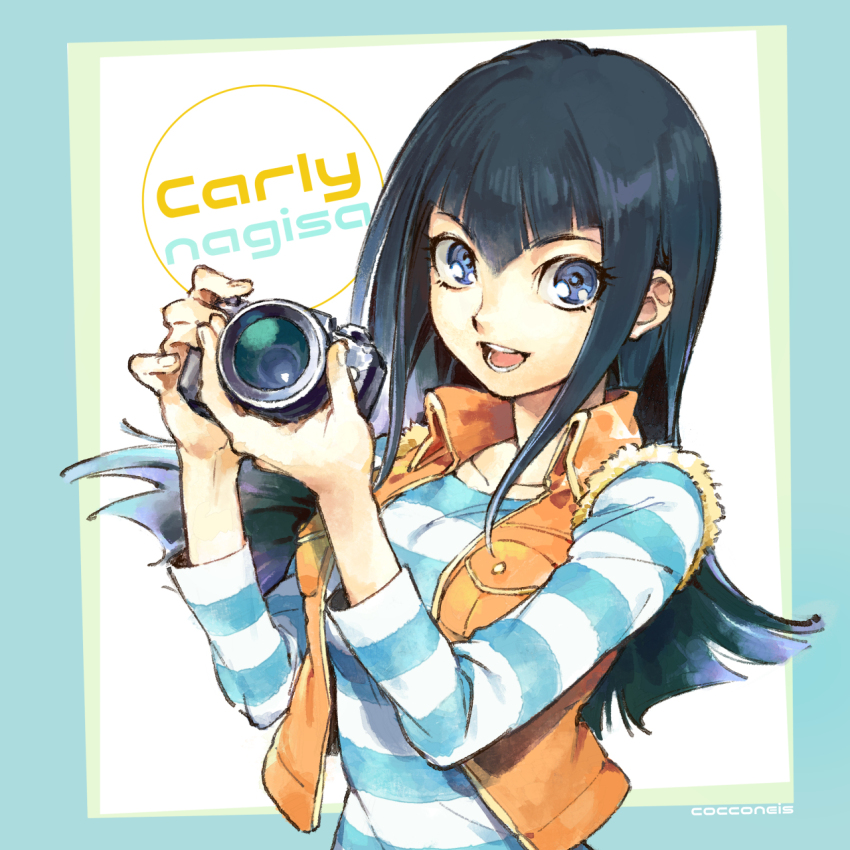 1girl artist_name black_hair blue_eyes blue_shirt camera carly_nagisa character_name cocconeis highres holding holding_camera long_hair looking_at_viewer open_mouth shirt smile striped_clothes striped_shirt two-tone_shirt vest white_shirt yu-gi-oh! yu-gi-oh!_5d&#039;s