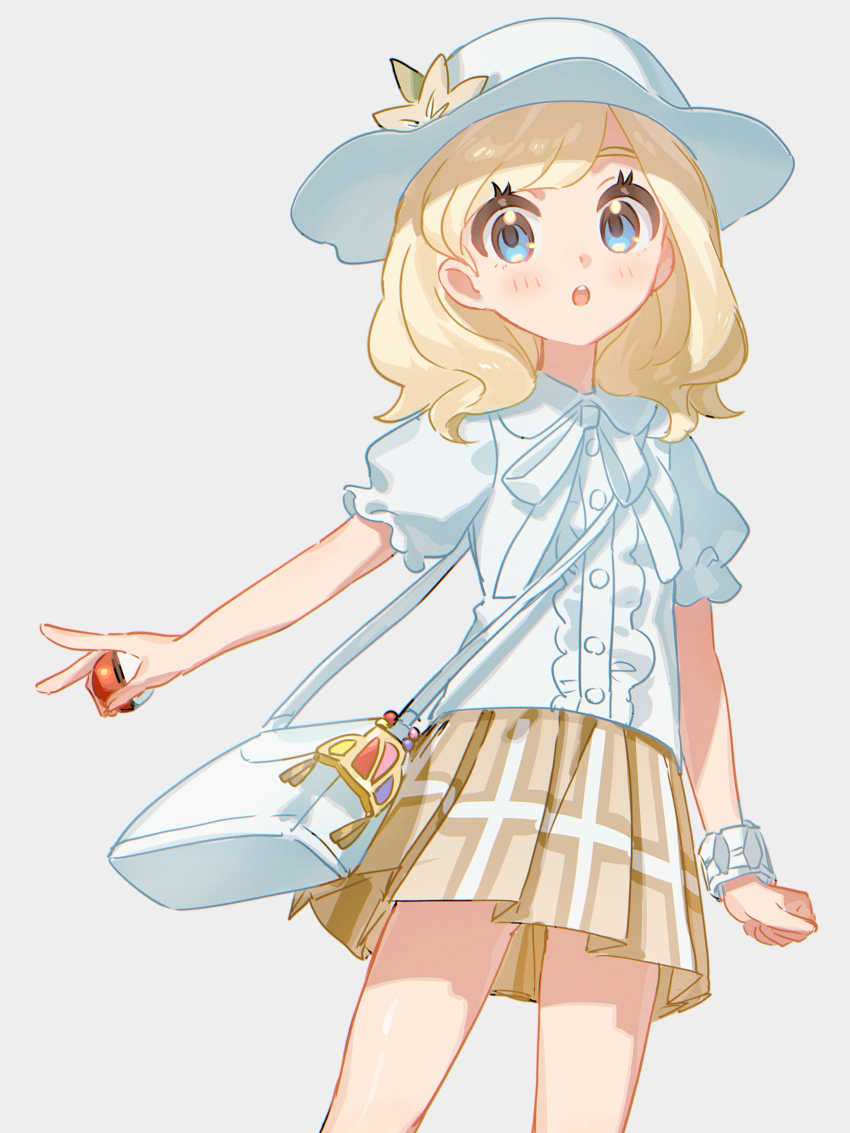 1girl absurdres alternate_costume alternate_hairstyle bag blonde_hair blue_eyes bracelet collared_shirt cowboy_shot creatures_(company) flat_chest frills fua1heyvot4ifsr game_freak hat highres holding holding_poke_ball jewelry looking_at_viewer nintendo pleated_skirt poke_ball poke_ball_(basic) pokemon pokemon_sm puffy_short_sleeves puffy_sleeves ribbon selene_(pokemon) shirt short_hair short_sleeves shoulder_bag simple_background skirt solo standing teeth upper_teeth_only white_shirt yellow_skirt