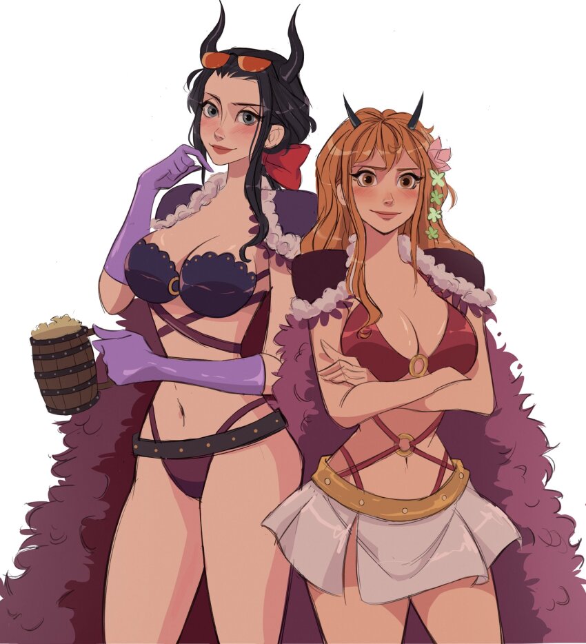 2girls alcohol armor beast_pirates_uniform beer beer_mug bikini black_hair black_horns blue_eyes cape commentary cowboy_shot crossed_arms cup eyewear_on_head fake_horns fur_cape gloves hair_ornament hair_ribbon highres holding holding_cup horns looking_at_viewer mug multiple_girls nami_(one_piece) navel nico_robin o-ring one_piece orange_eyes orange_hair ponytail purple_cape purple_gloves red_ribbon ribbon shmalloe shoulder_armor sidelocks skirt smile swimsuit symbol-only_commentary white_background