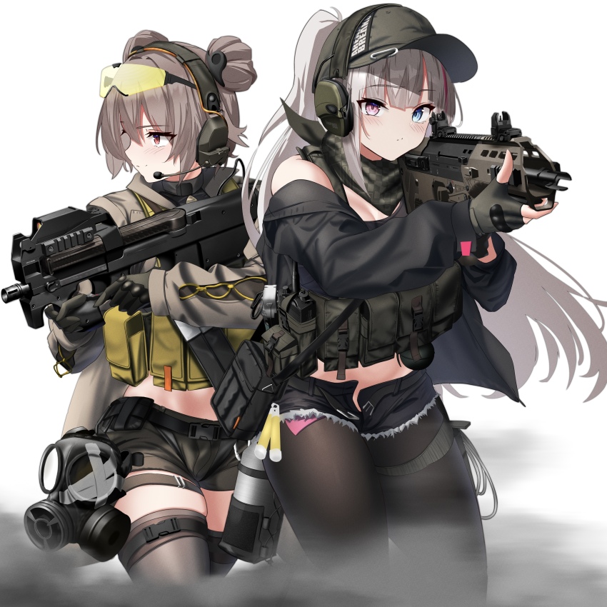 2girls absurdres aiming arena_breakout assault_rifle bandana bandana_around_neck baseball_cap battle_rifle black_gloves black_jacket black_pantyhose black_thighhighs blue_eyes blush brown_hair brown_jacket bullpup closed_mouth clothes_writing commentary_request commission desert_tech_mdr double_bun ear_protection explosive fingerless_gloves flashbang gas_mask girls&#039;_frontline gloves green_gloves grenade gun hair_bun hat heterochromia highres holding holding_gun holding_weapon jacket lightstick load_bearing_vest long_hair looking_at_viewer mask mdr_(girls&#039;_frontline) micro_shorts microphone military multicolored_hair multiple_girls off_shoulder official_alternate_costume official_alternate_hairstyle open_fly p90 p90_(girls&#039;_frontline) pantyhose personal_defense_weapon pink_eyes pink_hair pixiv_commission ponytail pouch red_eyes rifle rynn_(rynn_cube) short_hair short_shorts shorts simple_background skindentation smile smoke streaked_hair submachine_gun tactical_clothes thighhighs trigger_discipline two-tone_hair weapon white_background white_hair