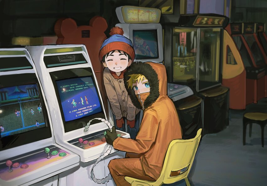 2boys animification arcade arcade_cabinet beanie black_hair blonde_hair blue_eyes chair chun_baii closed_eyes commentary covered_mouth fur-trimmed_hood fur_trim gloves grin hashtag-only_commentary hat highres hood hood_up hooded_jacket indoors jacket kenny_mccormick leaning_forward looking_back male_focus mittens multiple_boys parka pom_pom_(clothes) pom_pom_beanie sitting smile south_park stan_marsh ticket