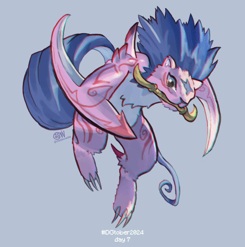 absurdres arm_blade blue_hair blue_tail body_fur chibi cwdw digimon digimon_(creature) full_body green_eyes grey_background highres kyuukimon mouth_hold pink_fur simple_background solo weapon