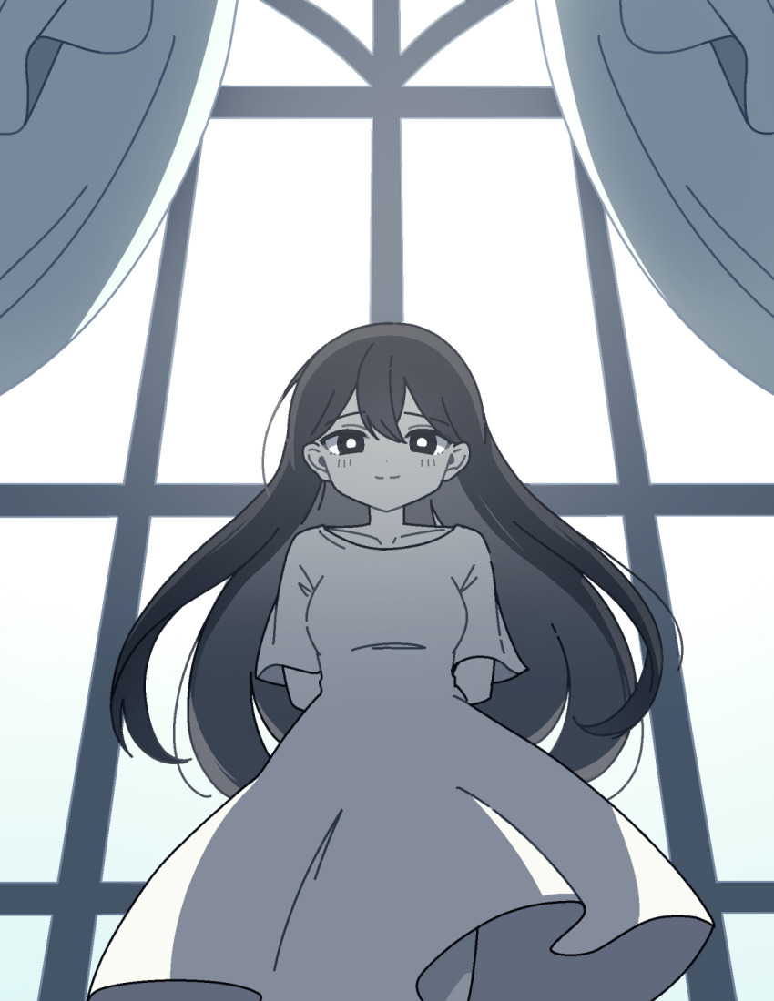 1girl black_eyes black_hair blush bright_pupils closed_mouth colored_skin curtains dress highres kiimorisame long_hair looking_at_viewer mari_(faraway)_(omori) mari_(omori) omori short_sleeves smile solo spoilers white_dress white_pupils white_skin window