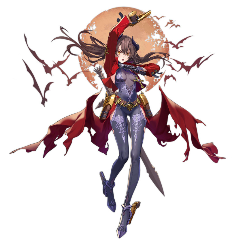 1girl :o ankle_gun armpit_cutout artist_request bat_(animal) belt black_gloves black_horns black_leotard bodysuit breasts brown_belt brown_hair center_opening clothing_cutout coat cross cross_necklace cz_75 demon_horns dual_wielding floral_print full_body full_moon girls&#039;_frontline gloves golden_gun gun hair_between_eyes half_gloves halloween handgun high_heels highres holding holding_gun holding_weapon holster horns huge_moon jewelry leotard long_hair long_sleeves looking_at_viewer medium_breasts moon necklace nz75_(girls&#039;_frontline) nz75_(nightstalker_beneath_the_crimson_moon)_(girls&#039;_frontline) official_alternate_costume official_art open_mouth print_bodysuit purple_bodysuit purple_footwear red_coat rose_print sideboob simple_background solo sword thigh_cutout third-party_source torn_clothes torn_coat transparent_background trigger_discipline turtleneck turtleneck_bodysuit v-shaped_eyebrows very_long_hair weapon weapon_request yellow_eyes