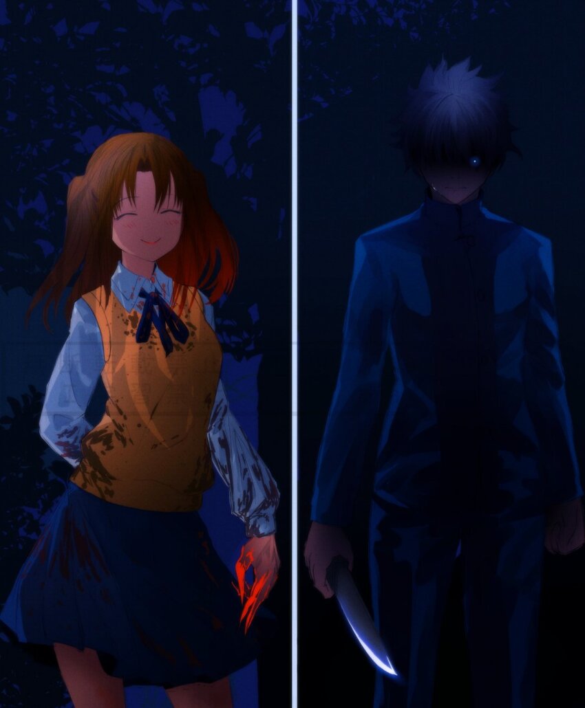 1boy 1girl :d black_hair blood blood_on_hands blue_eyes blue_ribbon blue_skirt blush brown_hair burleciel closed_eyes collared_shirt highres holding holding_weapon knife looking_at_viewer mystic_eyes_of_death_perception nanatsu-yoru night night_sky open_mouth ribbon school_uniform serious shaded_face shirt skirt sky smile stare_down tohno_shiki tsukihime twintails type-moon vampire vest weapon white_shirt yellow_vest yumizuka_satsuki