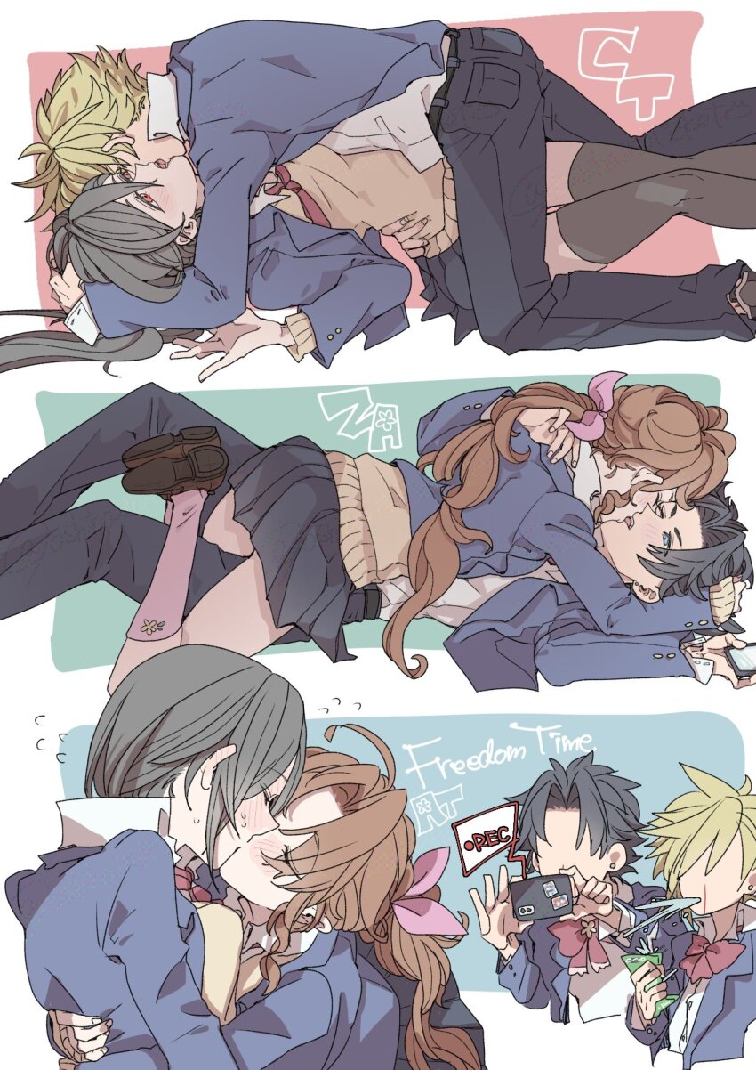 2boys 2girls aerith_gainsborough alternate_universe bisexual_female black_hair black_thighhighs blonde_hair blood blue_eyes blue_jacket blush bow bowtie boy_on_top braid braided_ponytail brown_hair cellphone closed_eyes cloud_strife collared_shirt commentary_request contemporary couple ear_blush feet_out_of_frame final_fantasy final_fantasy_vii flying_sweatdrops french_kiss girl_on_top hair_bow hair_ribbon hetero highres hug jacket juice_box kiss kneehighs looking_at_another lying miniskirt multiple_boys multiple_girls necktie nosebleed on_back open_clothes open_jacket oshibainoticket phone pink_ribbon pink_socks pleated_skirt recording red_bow red_bowtie red_eyes red_necktie ribbon school_uniform sharp_teeth shirt shoes skirt smartphone socks spiked_hair sweatdrop sweater swinging_(relationship) teeth thighhighs tifa_lockhart tongue tongue_out upper_body white_shirt yuri zack_fair