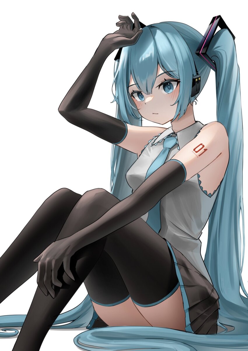 1girl aqua_eyes aqua_hair aqua_necktie aqua_trim bare_shoulders black_footwear black_gloves black_headphones black_skirt boots collared_shirt elbow_gloves gloves grey_shirt hair_between_eyes hand_on_own_head hatsune_miku headphones highres komachihisui long_hair miniskirt necktie shirt sitting skirt thigh_boots twintails very_long_hair vocaloid