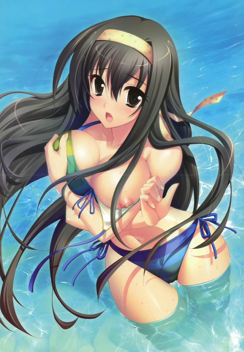 1girl absurdres bikini black_hair blush breasts cleavage female_focus front-tie_top hairband highres kanna kanna_(plum) large_breasts long_hair miwa_fuduki miwa_fuzuki navel nipples open_mouth ribbon side-tie_bikini_bottom solo swimsuit wardrobe_malfunction water