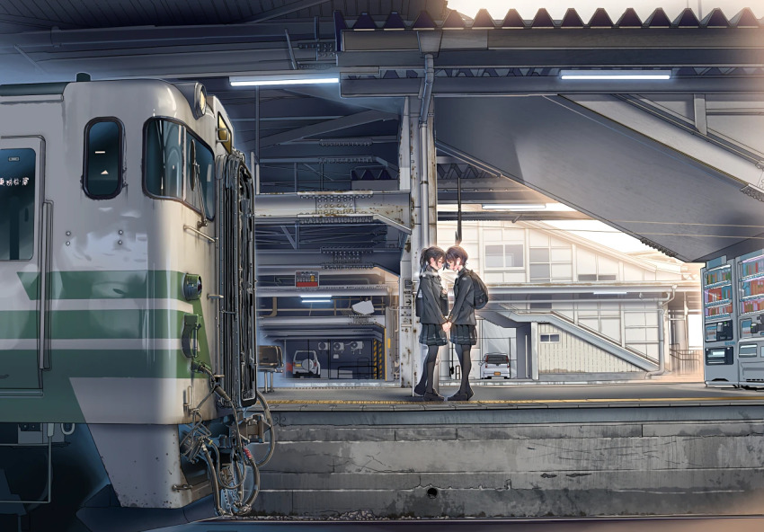 2girls backpack bag black_bag black_footwear black_jacket black_pantyhose black_skirt blazer building car daito day holding_hands jacket motor_vehicle multiple_girls original pantyhose pleated_skirt ponytail shoes skirt train train_station_platform vending_machine webp-to-png_conversion wide_shot yuri