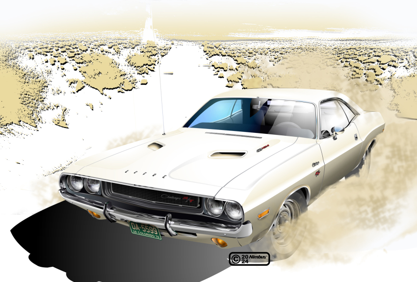 car dodge_(company) dodge_challenger driving dust highres license_plate motor_vehicle muscle_car nimbus_goldbrum no_humans original simple_background vehicle_focus white_car