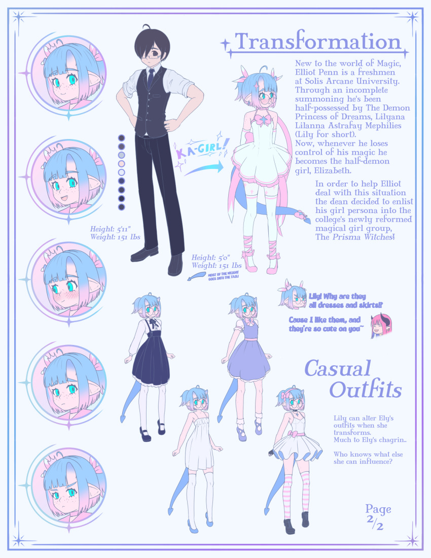 &gt;:( 1boy 1girl :d alternate_costume ass bare_shoulders blue_dress blue_eyes blue_hair blue_horns blue_tail blush character_sheet clothing_aside clothing_cutout dawnfire demon_girl dress ely_(dawnfire) flat_chest freckles genderswap genderswap_(mtf) heart heart_tail high_heels highres holding holding_sword holding_weapon horns leotard leotard_aside multicolored_hair multiple_expressions navel_cutout open_mouth original petite pink_hair pink_ribbon pointy_ears ribbon robe round_eyewear sad short_twintails smile strapless strapless_dress striped_clothes striped_thighhighs sword tail thighhighs tutu twintails v-shaped_eyebrows weapon white_robe white_thighhighs