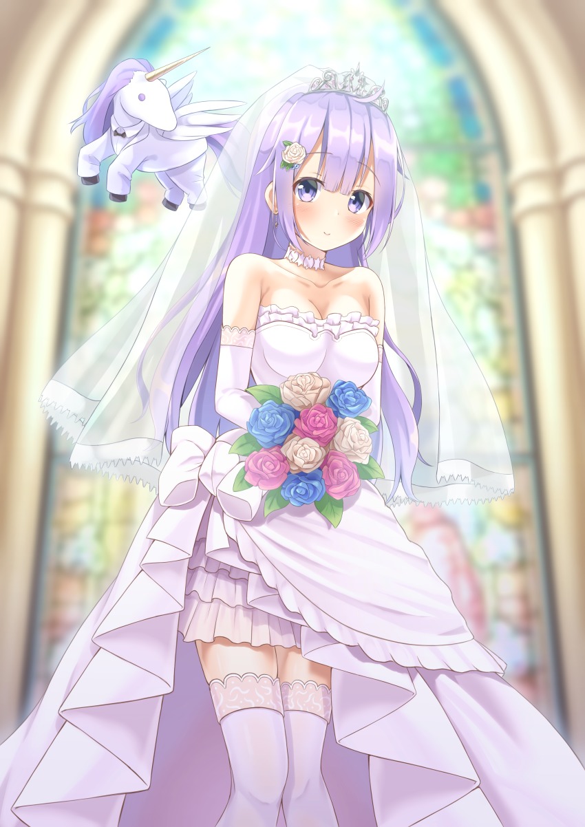 1girl absurdres animal azur_lane bare_shoulders black_bow black_bowtie blue_flower blue_rose blurry blurry_background blush bouquet bow bowtie breasts bridal_veil closed_mouth collarbone collared_shirt commentary_request depth_of_field detached_sleeves dress earrings female_focus flower hair_between_eyes head_tilt highres holding holding_bouquet indoors jacket jewelry kugatsu_tooka long_sleeves looking_at_viewer medium_breasts pants purple_eyes purple_hair red_flower red_rose rose see-through_clothes shirt smile solo stained_glass strapless strapless_dress thighhighs tiara unicorn_(azur_lane) veil wedding_dress white_bow white_dress white_flower white_jacket white_pants white_rose white_shirt white_thighhighs winged_unicorn