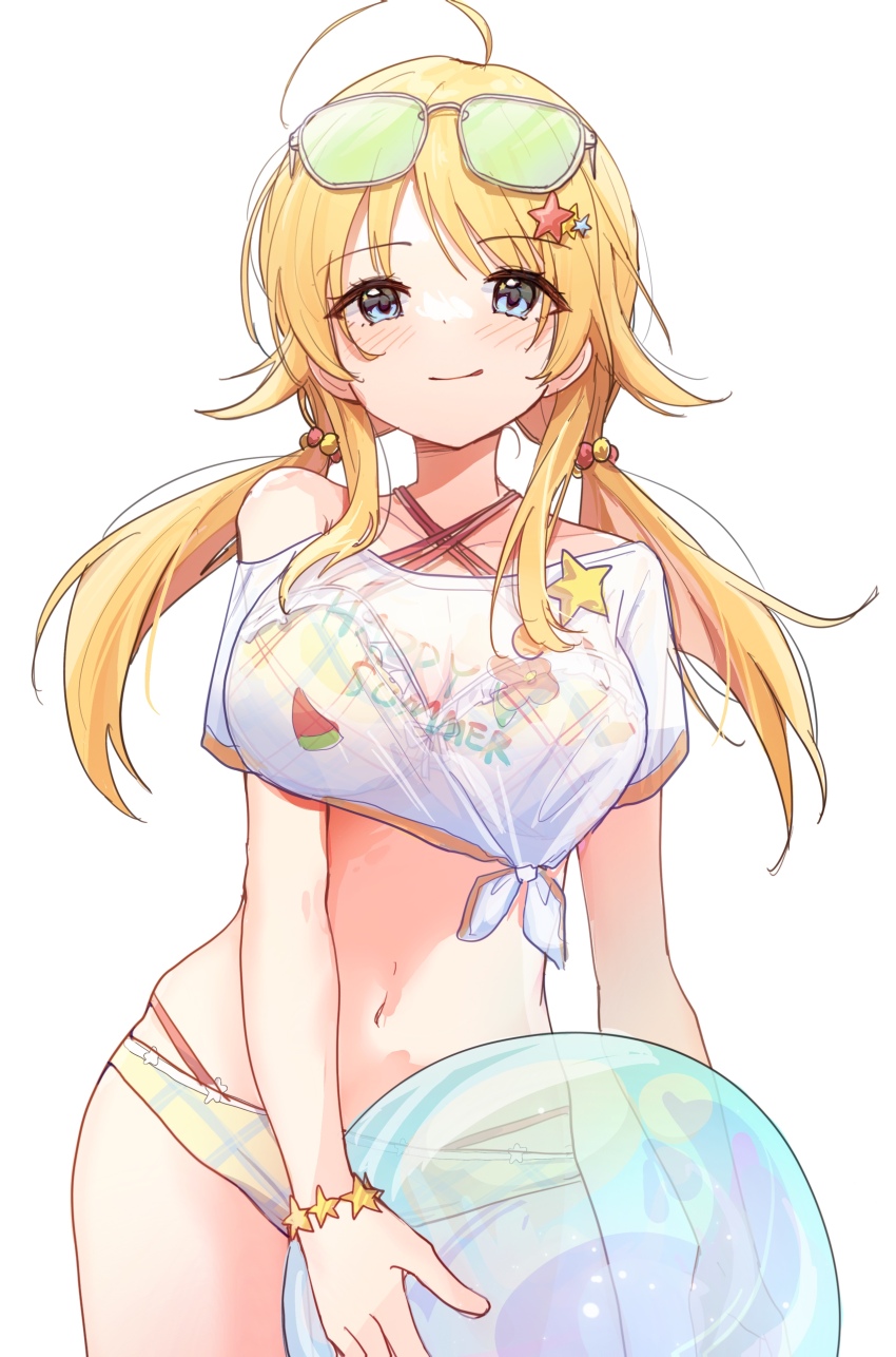 1girl absurdres ahoge ball beachball bikini bikini_under_clothes blonde_hair blush breasts commentary_request criss-cross_halter eyewear_on_head hachimiya_meguru hair_flaps hair_ornament halterneck highres holding holding_ball holding_beachball idolmaster idolmaster_shiny_colors long_hair looking_at_viewer medium_breasts navel nnnn print_shirt see-through_clothes see-through_shirt shirt short_sleeves simple_background smile solo star_(symbol) star_hair_ornament stomach swimsuit tied_shirt tinted_eyewear twintails very_long_hair white_background white_shirt