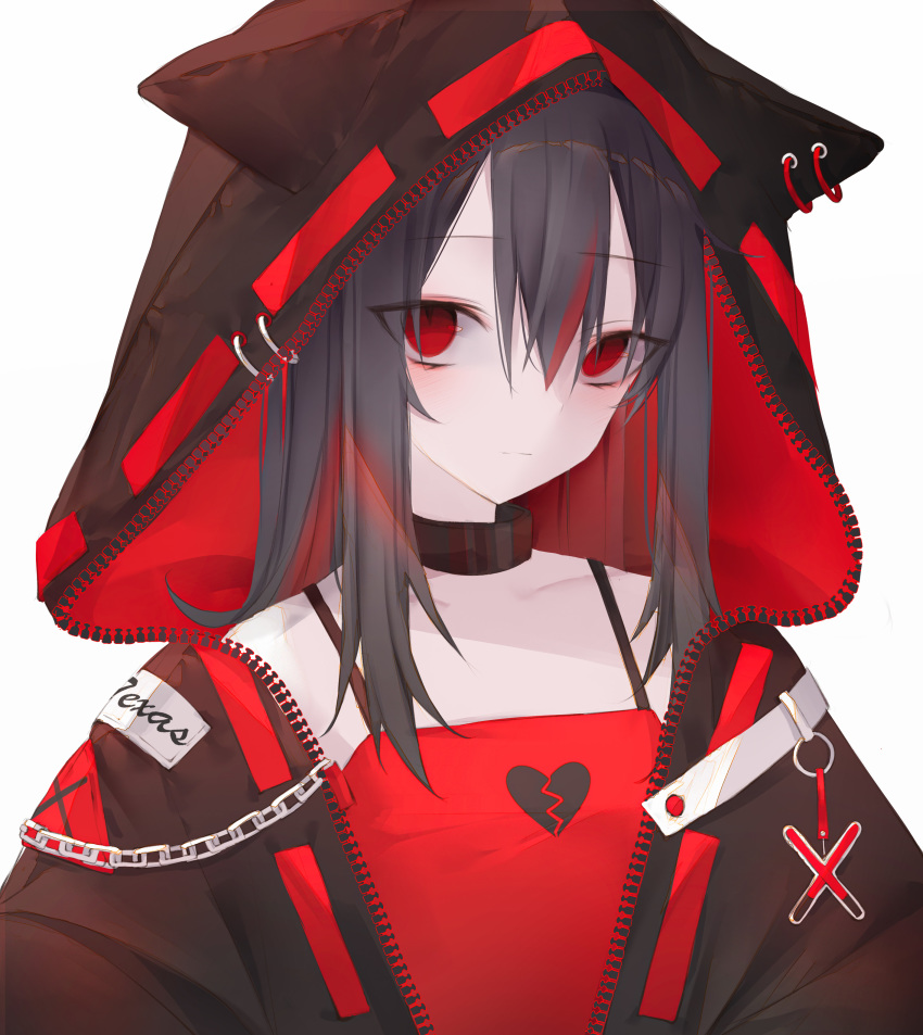 0_(znanimo) 1girl absurdres alternate_costume alternate_eye_color animal_hood arknights black_collar black_hair black_jacket broken_heart_print character_name collar collarbone hair_between_eyes highres hood hood_up hooded_jacket jacket long_hair looking_at_viewer multicolored_hair open_clothes open_jacket red_eyes red_hair red_tank_top simple_background solo streaked_hair tank_top texas_(arknights) white_background zipper