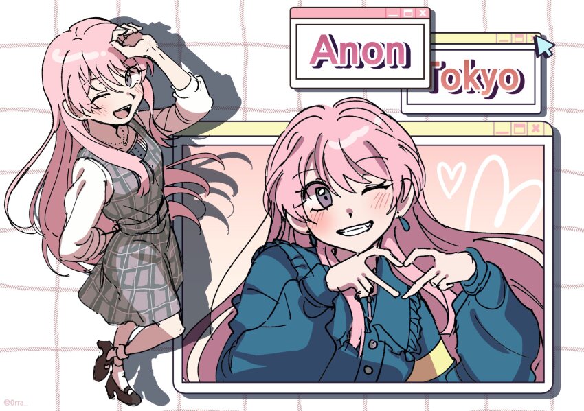 1girl 4-finger_heart_hands :d anon_tokyo_(bang_dream!) arm_behind_back arm_on_own_head armband bang_dream! bang_dream!_it&#039;s_mygo!!!!! blue_jacket blush chihaya_anon dress earrings fang frilled_jacket frills full_body grey_eyes grid_background hair_between_eyes hashtag-only_commentary heart heart_hands highres jacket jewelry lasam_(0rra) leg_up long_hair long_sleeves looking_at_viewer mary_janes multiple_views necklace one_eye_closed open_mouth pink_hair plaid_clothes plaid_dress puffy_sleeves shadow shirt shoes sidelocks sleeveless sleeveless_dress smile socks twitter_username upper_body white_background white_shirt white_socks window_(computing) wispy_bangs yellow_armband