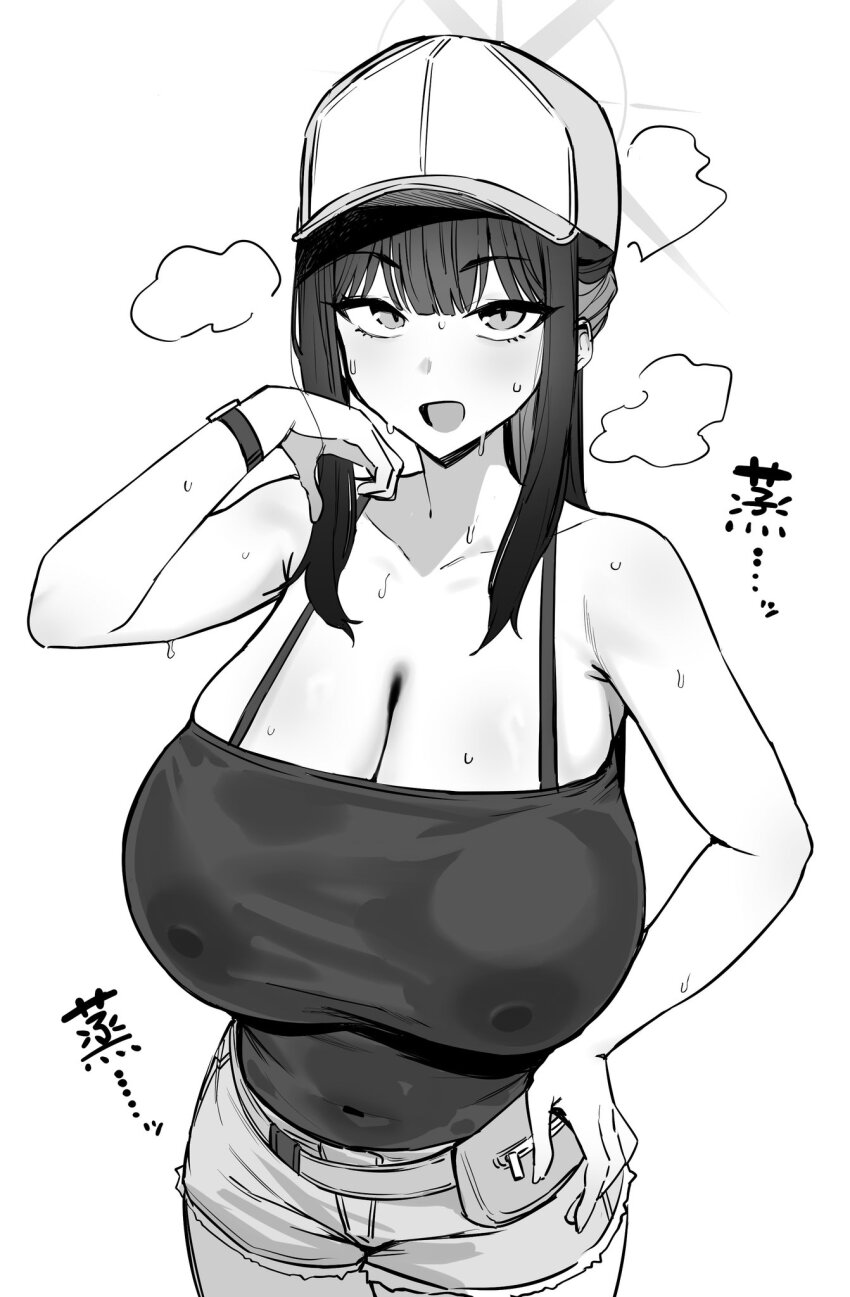 1girl bare_shoulders baseball_cap black_camisole blue_archive breasts camisole cleavage collarbone covered_erect_nipples denim denim_shorts greyscale halo hand_on_own_hip hat heavy_breathing highres hotate-chan huge_breasts long_hair looking_at_viewer monochrome official_alternate_costume open_mouth saori_(blue_archive) saori_(swimsuit)_(blue_archive) see-through short_shorts shorts sidelocks simple_background solo sweat translation_request watch white_background wristwatch