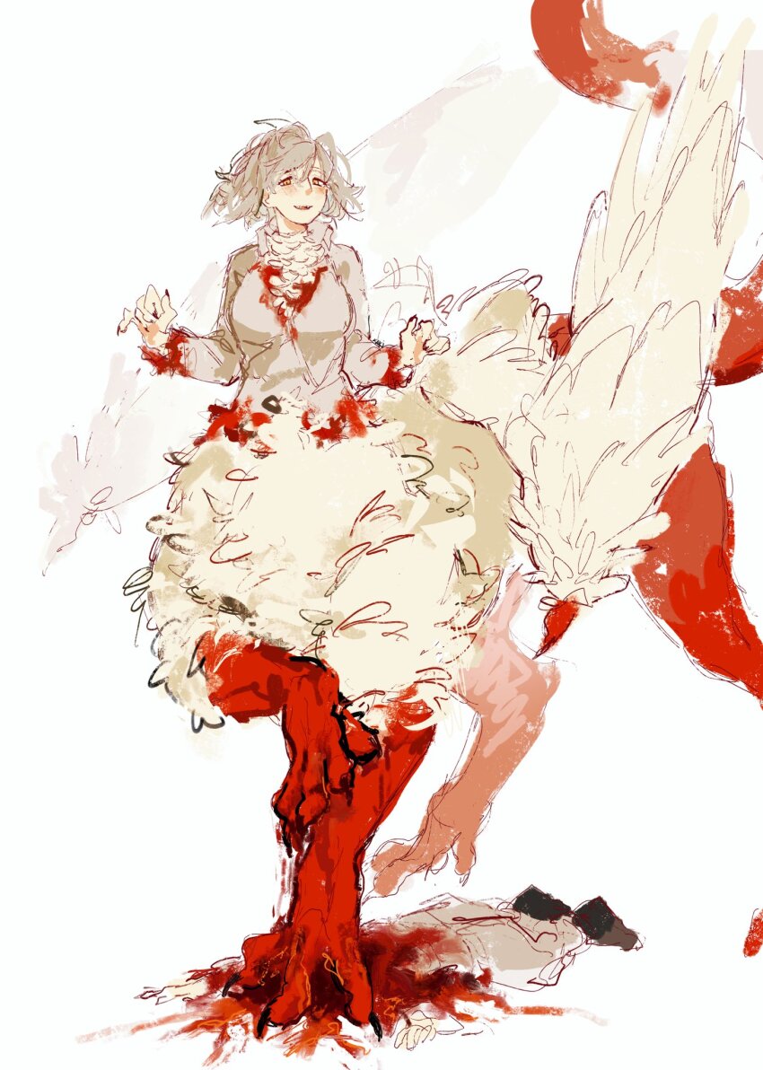 1girl blonde_hair blood blood_on_body blood_on_chest body_fur centauroid chimera death dungeon_meshi falin_touden falin_touden_(chimera) feathered_wings feathers fingernails highres looking_at_viewer monster_girl open_mouth red_scales sharp_fingernails short_hair simple_background stomping talons taur white_feathers wings xaki_(chanxaki) yellow_eyes