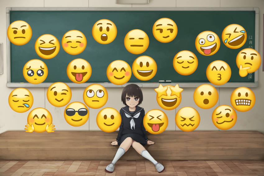 &gt;_&lt; +_+ 1girl :d :o ^_^ basketweave black_eyes black_hair black_serafuku blush board_eraser chalkboard classroom closed_eyes commentary emoji emoticon english_commentary facing_viewer full_body indoors kneehighs knees_together_feet_apart laughing looking_at_viewer open_mouth original pleading_face_emoji school_uniform serafuku shoes short_hair sitting smile socks sunglasses thinking_emoji tongue tongue_out uwabaki white_socks wooden_floor yajirushi_(chanoma)