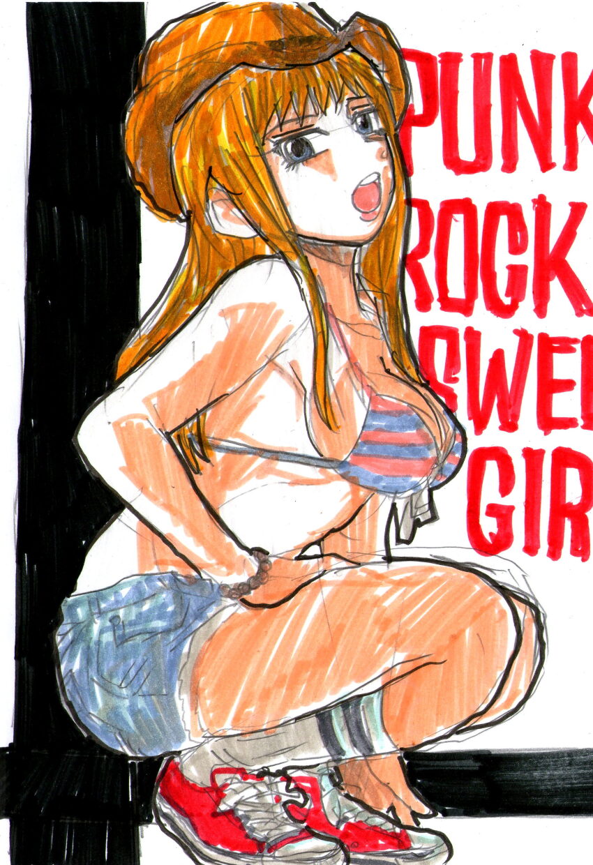 1girl bikini bikini_top_only blue_bikini blue_eyes blue_shorts bracelet breasts brown_hair brown_hat cleavage collarbone cowboy_hat denim denim_shorts hat hepburn_(pixiv_1033192) jewelry large_breasts long_hair looking_at_viewer marker_(medium) open_mouth original red_footwear shoes shorts sneakers socks squatting striped_bikini striped_clothes swimsuit teeth traditional_media white_background white_socks