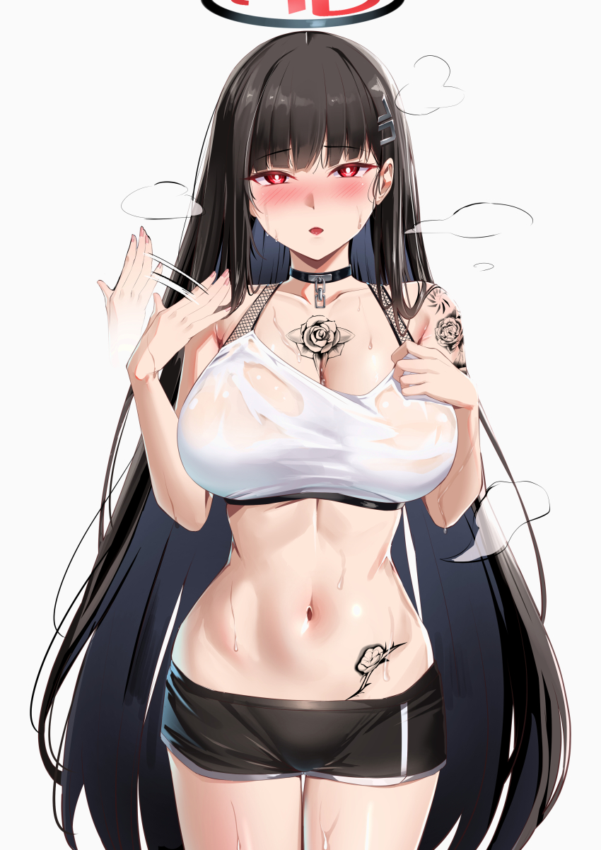 1girl absurdres arm_tattoo baltimore_(azur_lane) baltimore_(azur_lane)_(cosplay) black_choker black_hair black_halo black_shorts blue_archive blunt_bangs blush bra breasts chest_tattoo choker cleavage cosplay cowboy_shot fanning_face fanning_self flower_tattoo hair_ornament hairclip hairpin halo hand_on_own_chest highres hot large_breasts long_hair looking_at_viewer midriff navel open_mouth red_eyes rio_(blue_archive) see-through_bra see-through_clothes shiny_skin short_shorts shorts simple_background solo sports_bra sportswear steaming_body stomach_tattoo sweat sweatdrop tattoo underwear very_long_hair white_background white_sports_bra yoshimoto_(carpsukidayo)