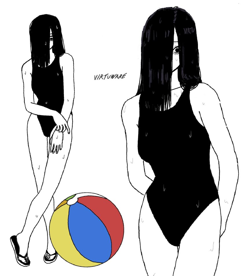 1girl arms_behind_back artist_name bags_under_eyes ball beachball black_eyes black_hair black_one-piece_swimsuit colored_skin commentary cowboy_shot crossed_legs english_commentary facing_viewer flip-flops full_body ghost ghost_girl greyscale hair_over_one_eye highres long_hair looking_at_viewer looking_down messy_hair monochrome multiple_views one-piece_swimsuit sandals signature spot_color swimsuit the_ring twitter_username virtuware wet wet_clothes wet_swimsuit white_background white_skin yamamura_sadako