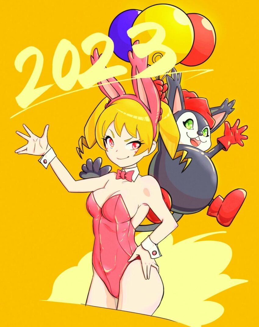 1girl 2023 animal_ears ass blonde_hair blush_stickers breasts chinese_zodiac cleavage dated detached_collar digimon digimon_xros_wars digimon_xros_wars:_toki_wo_kakeru_shounen_hunter-tachi fake_animal_ears green_eyes hand_on_own_hip highres leotard long_hair looking_at_viewer medium_breasts opossum opossummon pink_eyes pink_leotard playboy_bunny rabbit_ears salute suzaki_airu twintails wide_hips year_of_the_rabbit yellow_background