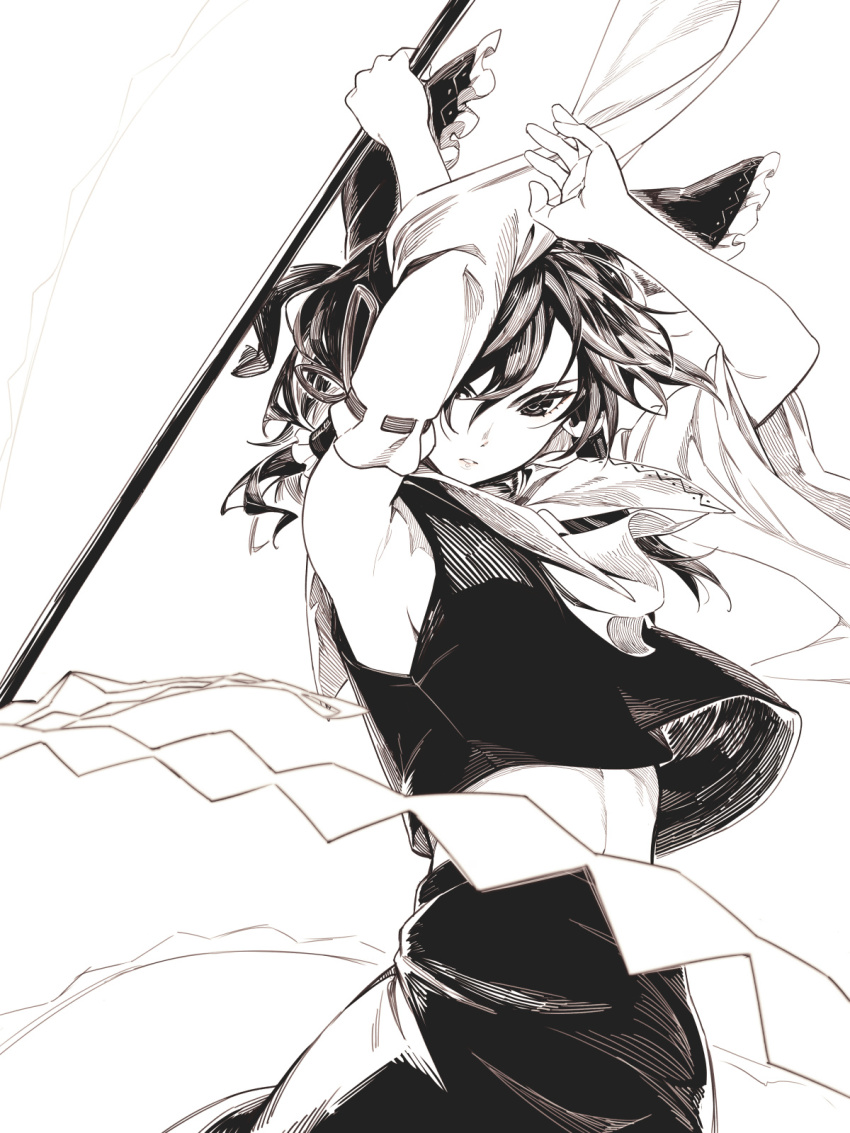 1girl armpits arms_up ascot asutora bow detached_sleeves frilled_bow frills gohei greyscale hair_bow hair_tubes hakurei_reimu highres holding looking_at_viewer midriff monochrome parted_lips shirt simple_background solo touhou white_background