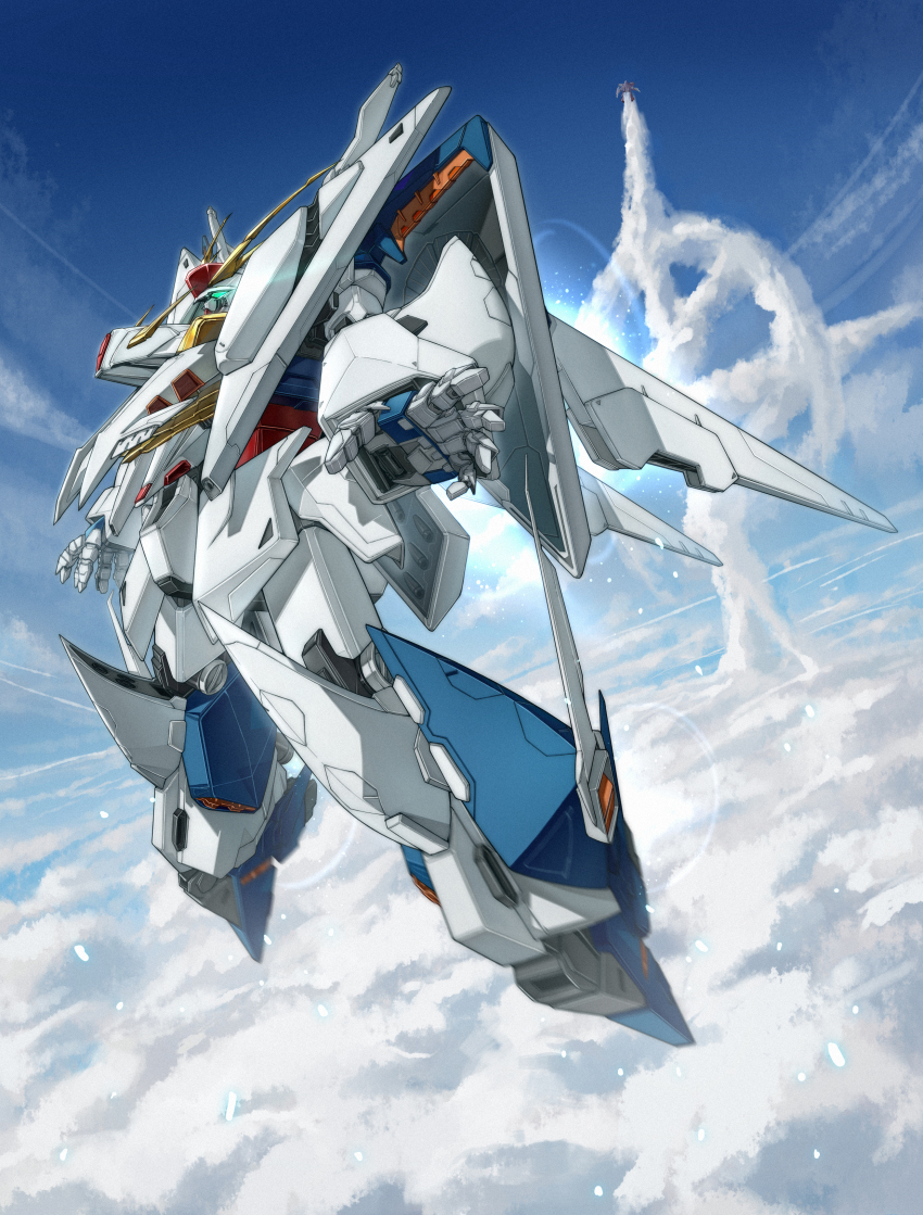 absurdres cloud contrail fake_screenshot flying gundam gundam_hathaway&#039;s_flash highres insignia laomotou machinery mafti_nabiyu_erin mecha mecha_focus military mobile_suit robot roundel science_fiction spoilers v-fin xi_gundam