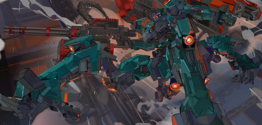 absurdres armored_core armored_core_vi:_fires_of_rubicon commentary english_commentary gatling_gun glowing glowing_eyes gun highres holding holding_gun holding_weapon liger_tail_(armored_core) looking_at_viewer mecha mecha_focus no_humans nslacka red_eyes robot science_fiction tetrapod weapon