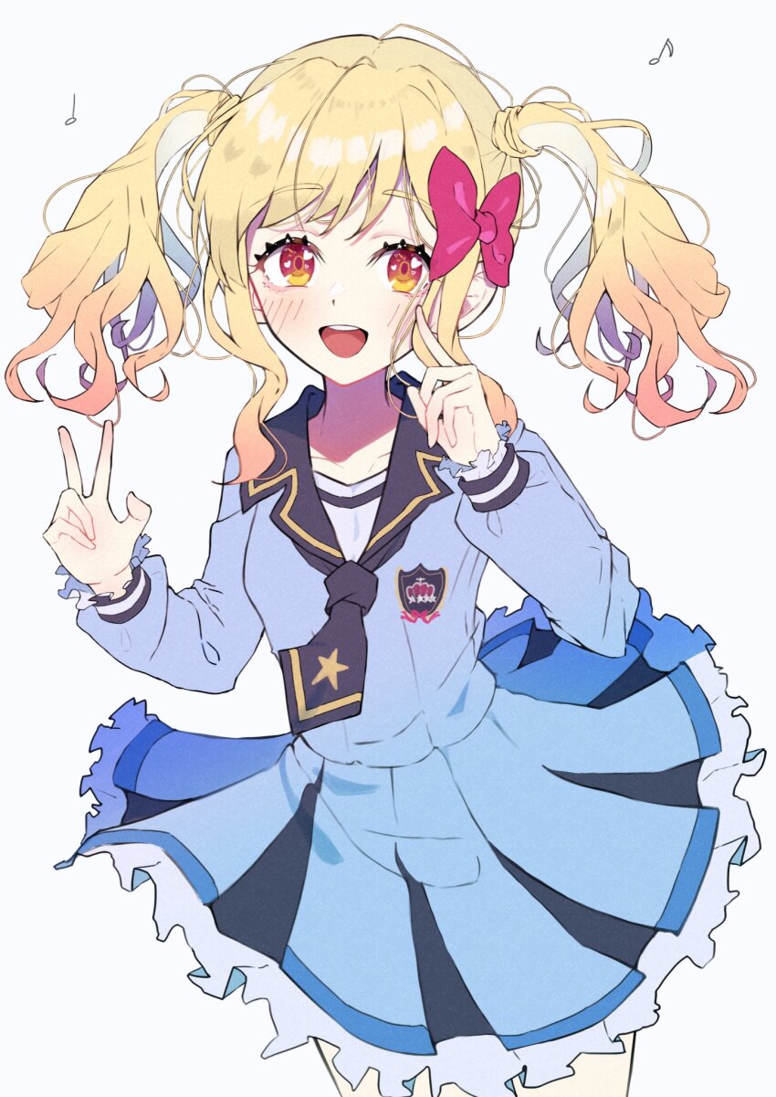 1girl :d aikatsu!_(series) aikatsu_stars! amino_(li0a4) bad_id bad_twitter_id blonde_hair blue_dress bow collared_dress commentary_request cowboy_shot dress floating_clothes gradient_hair hair_bow hands_up highres inactive_account index_finger_raised long_hair long_sleeves looking_at_viewer multicolored_hair nijino_yume open_mouth orange_eyes pink_bow pleated_dress school_uniform simple_background smile solo standing twintails w white_background yotsuboshi_academy_school_uniform