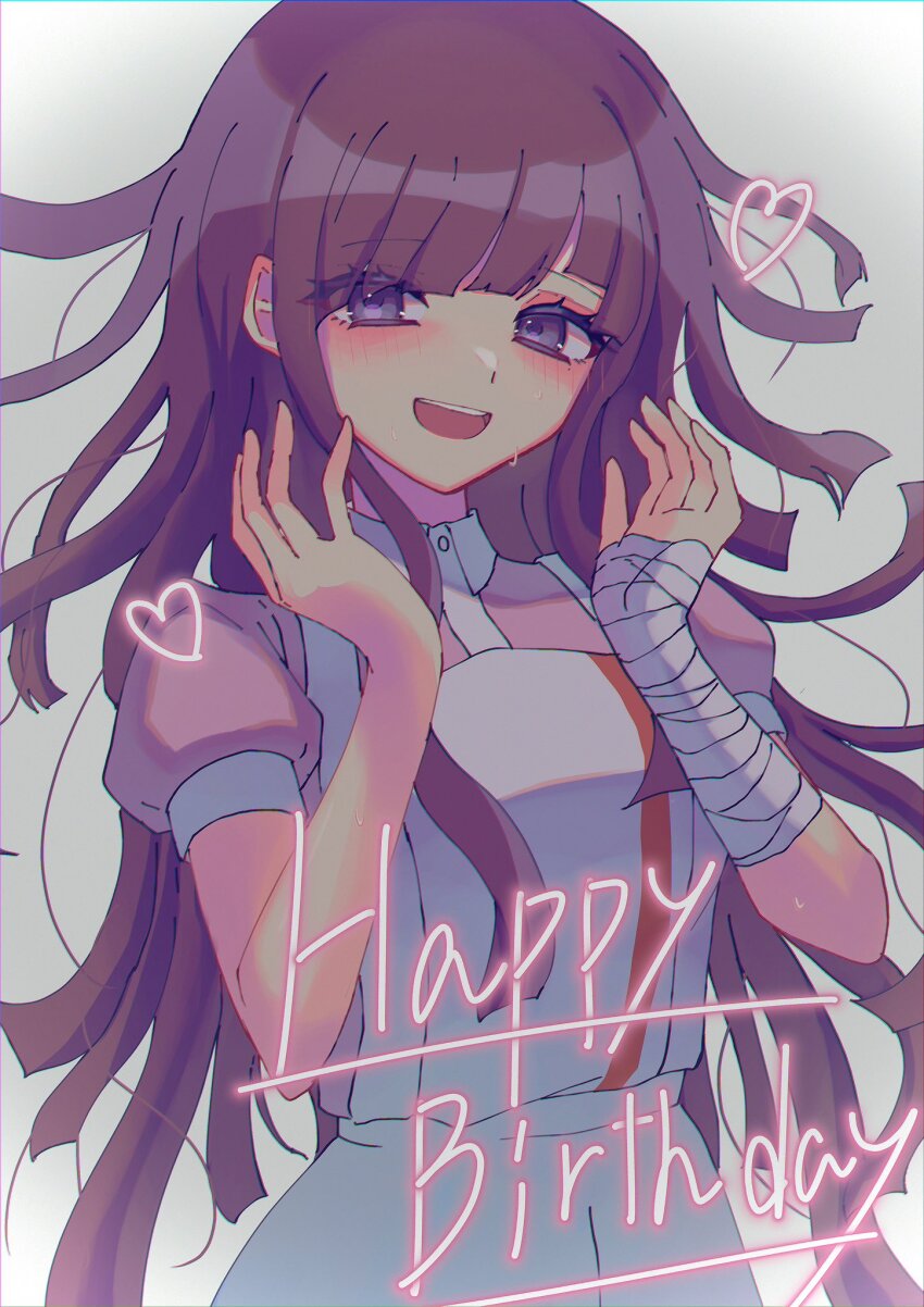 1girl apron bandaged_arm bandages blush breasts brown_hair cowboy_shot danganronpa_(series) danganronpa_2:_goodbye_despair donburi_(minami_don) grey_apron grey_background hands_up happy_birthday heart highres long_hair medium_breasts open_mouth puffy_short_sleeves puffy_sleeves shirt short_sleeves simple_background solo sweatdrop tsumiki_mikan