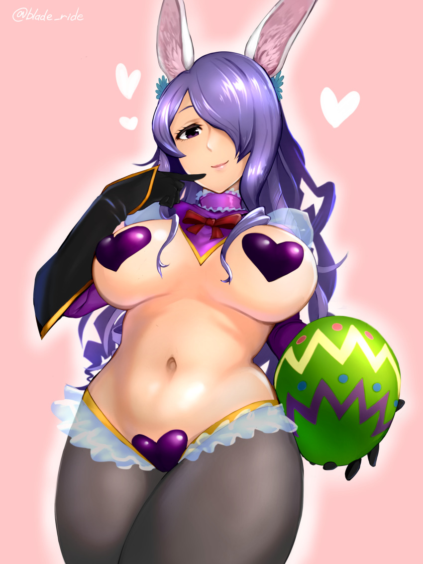 1girl absurdres animal_ears black_gloves blade_ride breasts camilla_(fire_emblem) camilla_(spring_princess)_(fire_emblem) closed_mouth easter_egg egg fake_animal_ears female_focus fire_emblem fire_emblem_fates gloves hair_over_one_eye heart_maebari heart_pasties highres holding large_breasts long_hair maebari meme_attire navel nintendo panties pasties pink_background purple_eyes purple_hair rabbit_ears reverse_bunnysuit reverse_outfit simple_background smile solo twitter_username underwear