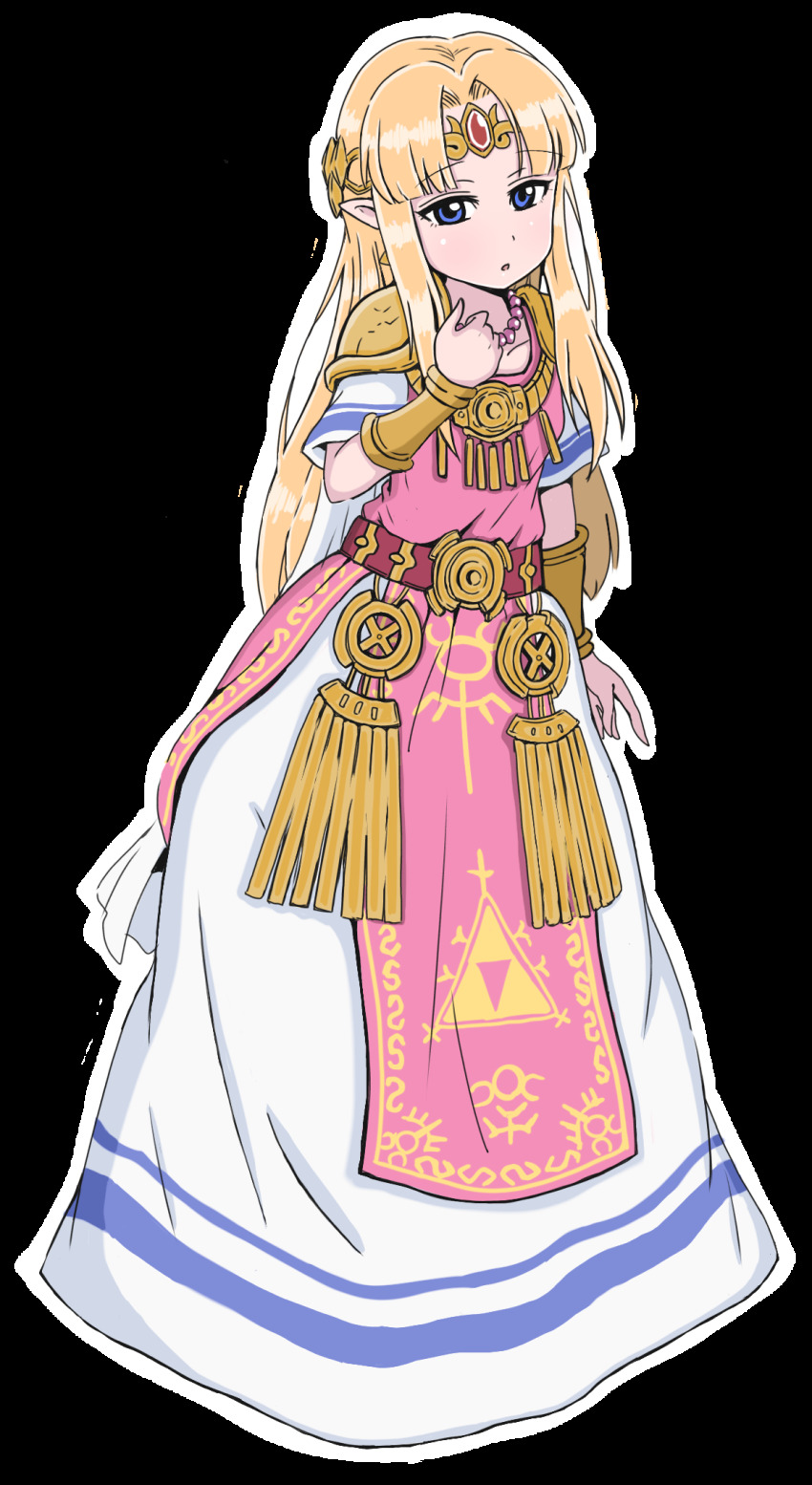 1girl babibubetazumida belt blonde_hair blue_eyes commentary_request commission dress elf gem highres jewelry long_hair mtu_virus multiple_views necklace nintendo pixiv_commission pointy_ears princess princess_zelda tabard the_legend_of_zelda the_legend_of_zelda:_a_link_between_worlds the_legend_of_zelda:_a_link_to_the_past transparent_background white_dress