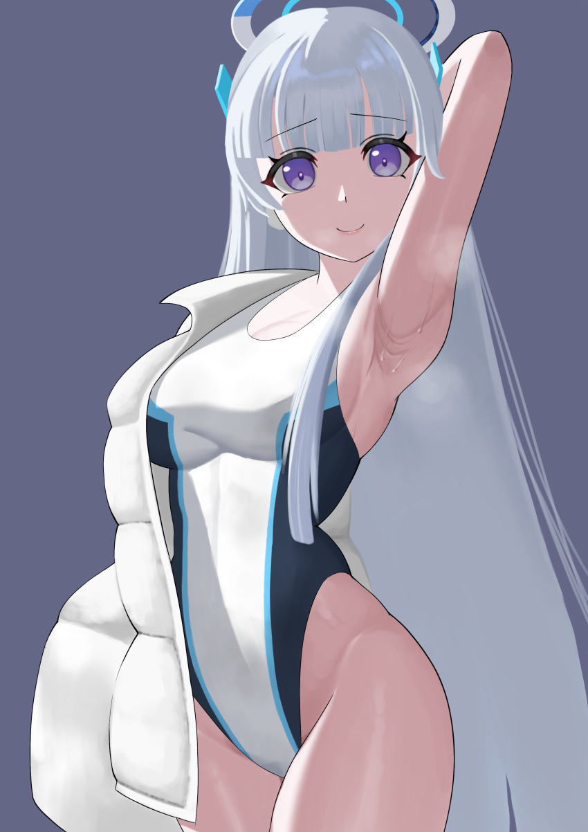 1girl absurdres alternate_costume armpits blue_archive breasts coat competition_swimsuit cowboy_shot halo highleg highleg_one-piece_swimsuit highres jacket long_hair looking_at_viewer mechanical_halo medium_breasts mitsumi_neguchi noa_(blue_archive) one-piece_swimsuit presenting_armpit purple_eyes solo swimsuit two-tone_swimsuit white_hair white_halo white_jacket white_one-piece_swimsuit winter_clothes winter_coat