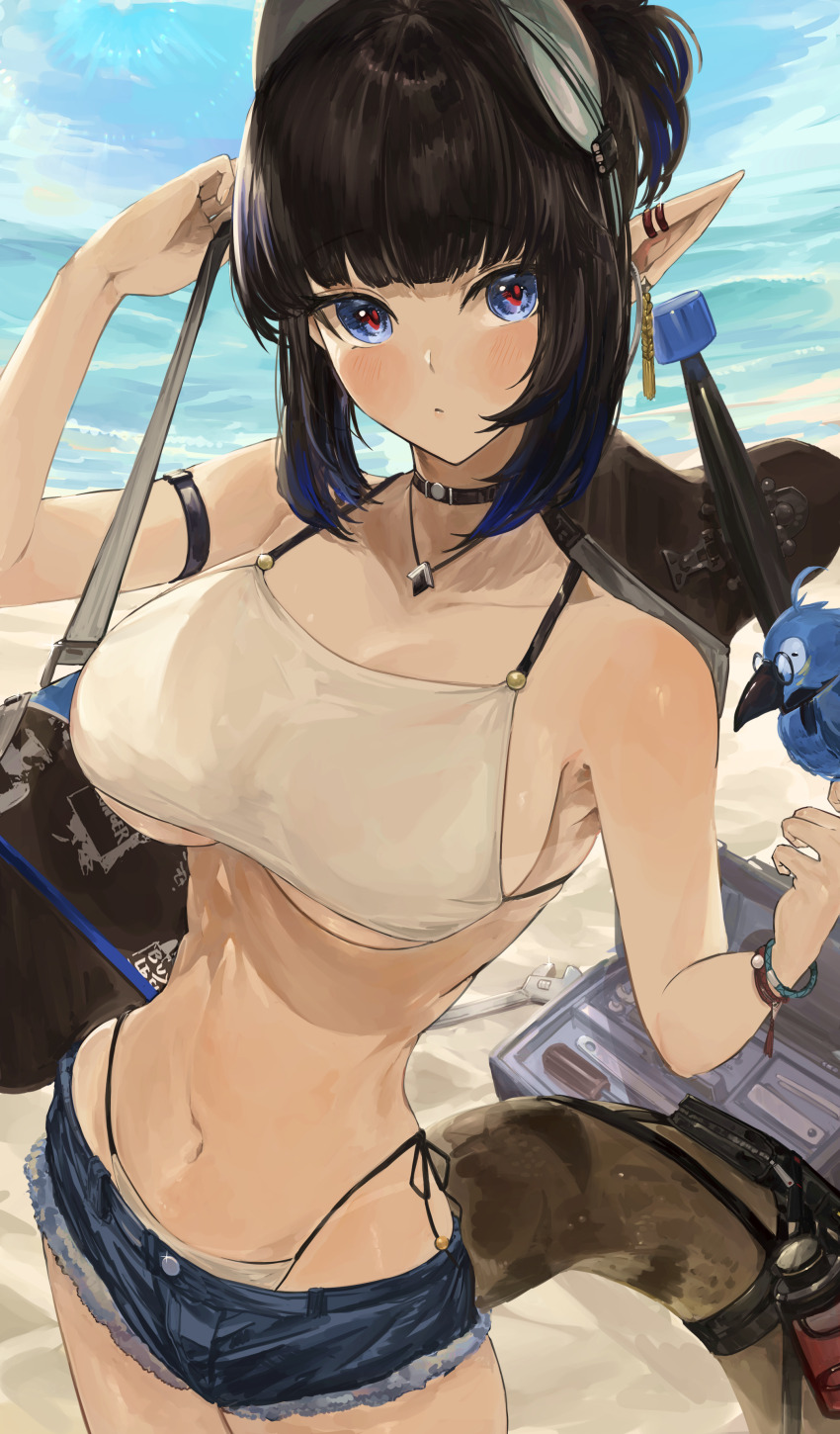 1girl :&lt; absurdres arknights arm_strap bag beach bikini bird black_hair blue_eyes blue_hair blue_shorts blue_sky blush breasts closed_mouth cloud cloudy_sky commentary_request day denim denim_shorts duffel_bag ear_piercing eunectes_(arknights) eunectes_(forgemaster)_(arknights) highleg highleg_bikini highres kajuu large_breasts looking_at_viewer navel ocean parrot piercing pointy_ears shorts side-tie_bikini_bottom sky snake_tail solo spaghetti_strap stomach swimsuit tail toolbox underboob white_bikini wrench