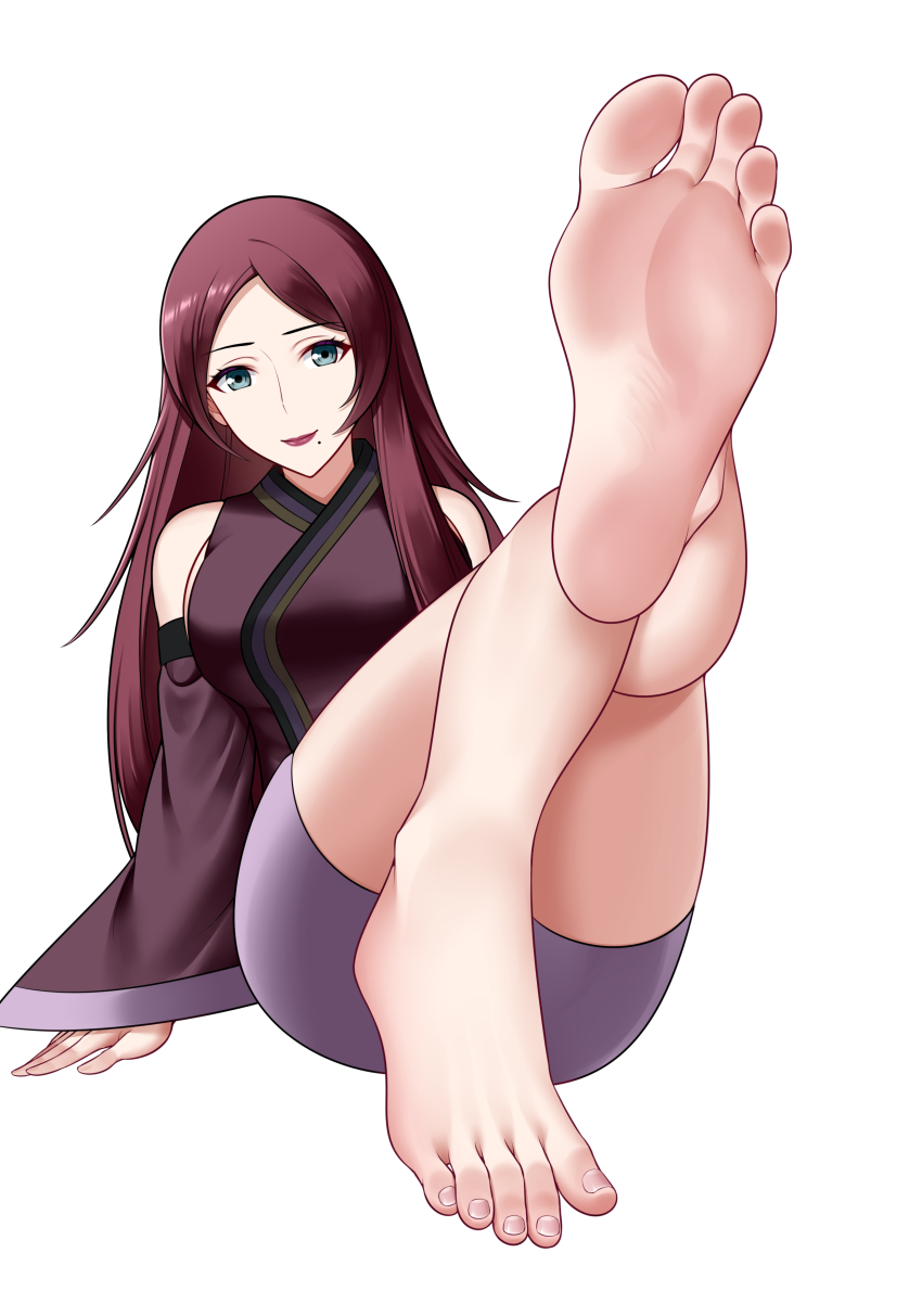 1girl absurdres barefoot blue_eyes feet fuuka_(naruto) highres long_hair looking_at_viewer mole mole_under_mouth naruto_(series) naruto_shippuuden oirin red_hair soles toes